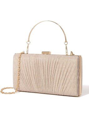 Women's Champagne Pleated Evening Handbag with Chain Prom Classic Clutch Purses